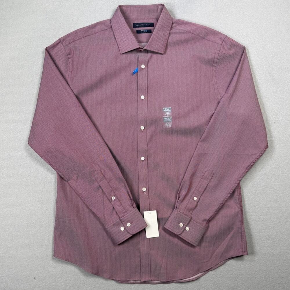 Tommy Hilfiger Men's Flex Stretch Athletic Dress Shirt Burgundy 16.5 34-35 $85